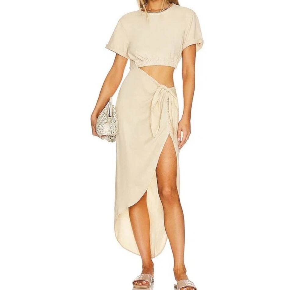Free People Rae Side Cutout Knot Front Maxi Dress Women's XS Creme Khaki